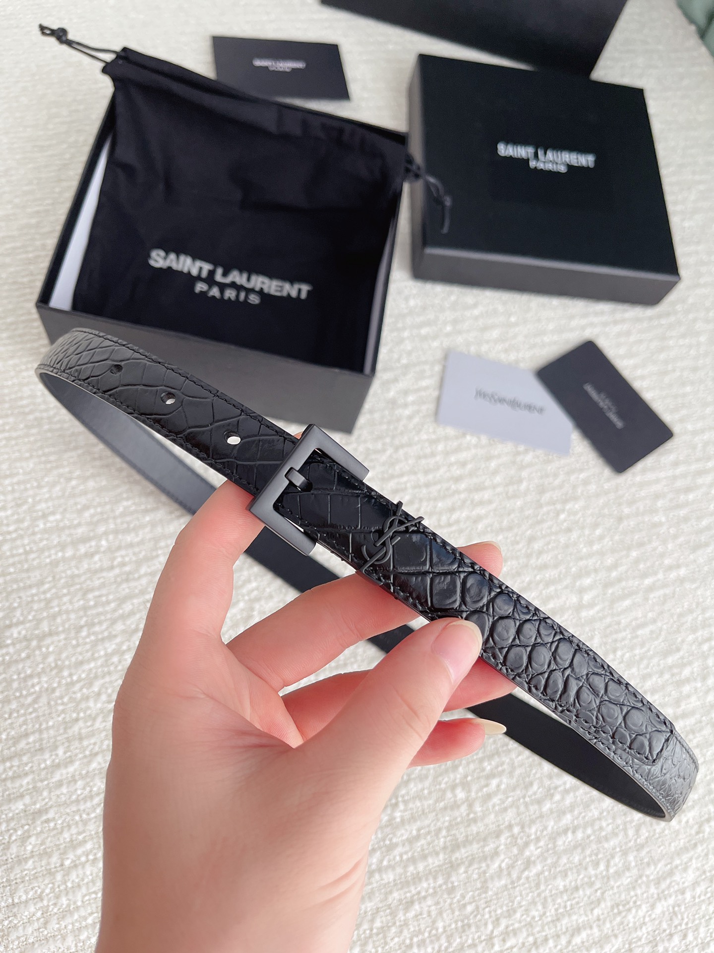 Saint Laurent Cassandre Belt In Black Crocodile-Embossed Calfskin With Gold/Silver/Black Hardware 20mm - 图片 10