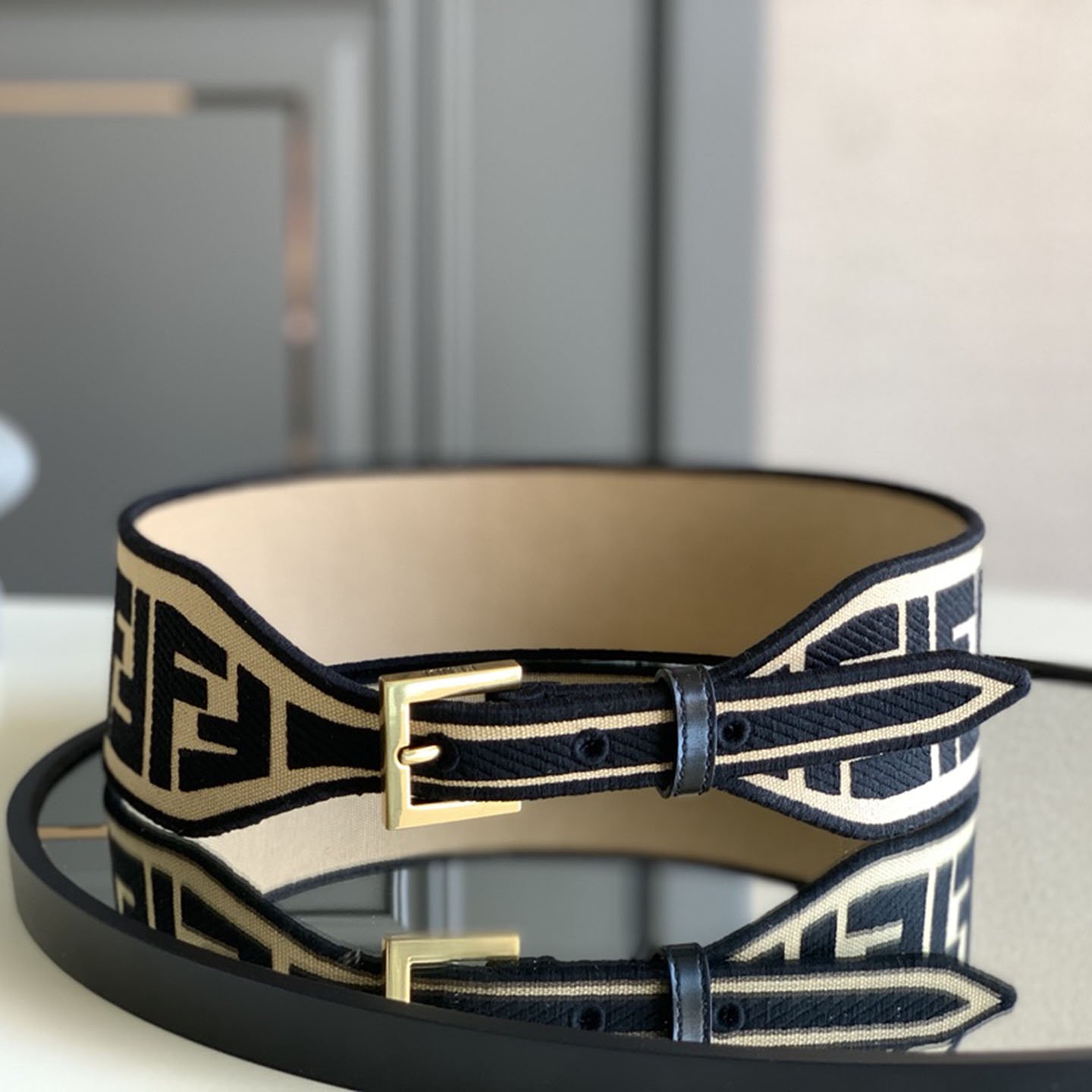 Fendi Women's Belt In Green/Black/Beige/Yellow FF Logo Embroidery Canvas With Gold Hardware 60mm - 图片 2