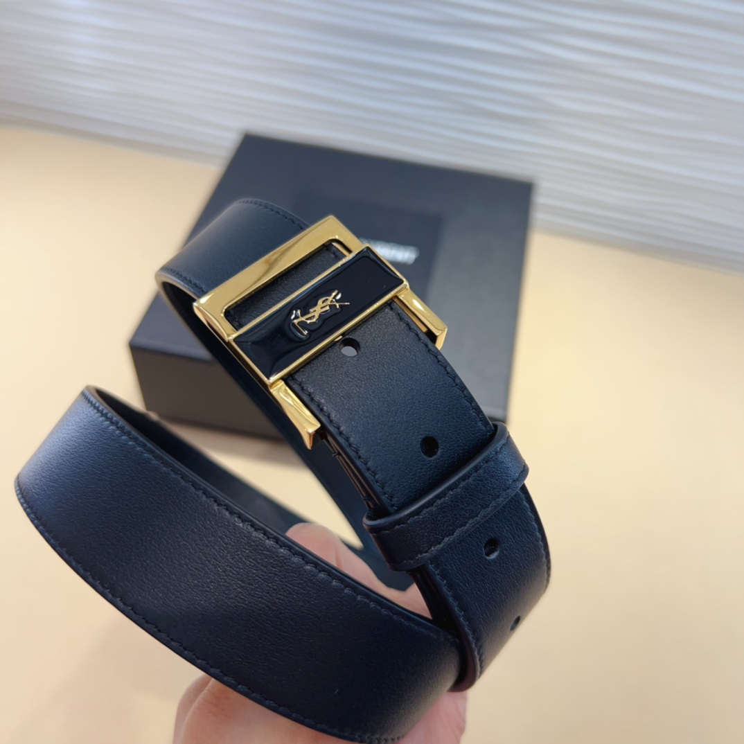 Saint Laurent GIO Belt In Black Box Calfskin With Gold/Silver Hardware 30mm - 图片 3