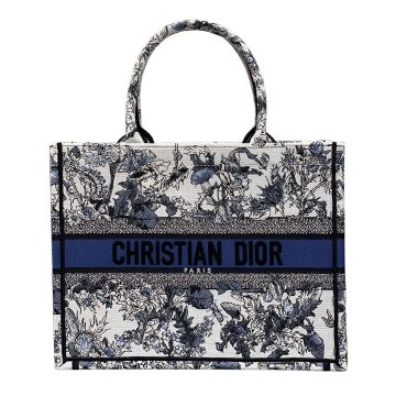 Dior Medium Dior Book Tote In White Embroidery with Denim Blue Dior Chardons Motif
