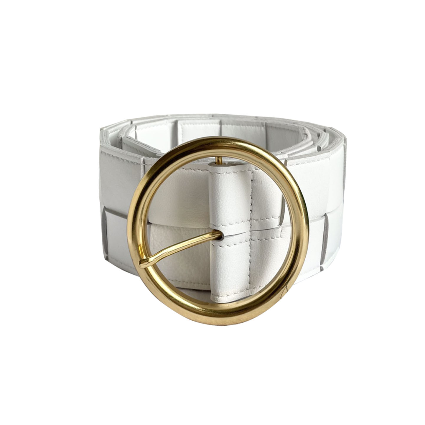 Bottega Veneta Women's Round Buckle Maxi Intrecciato Adjustable Belt In Pink/Blue/White/Coffee/Black Calfskin With Gold Hardware 60mm - 图片 6
