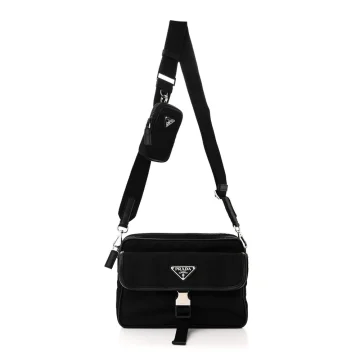 Prada Small Pocket Single Snap Buckle Shoulder Bag Black Re-Nylon & Saffiano Leather Silver Hardware