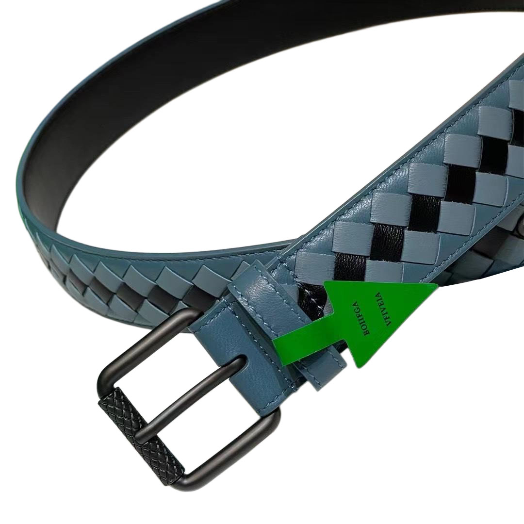 Bottega Veneta Men's Square Buckle Intrecciato Belt In Multicolor Calfskin With Silver/Matte Gun Black Hardware 35mm - 图片 2