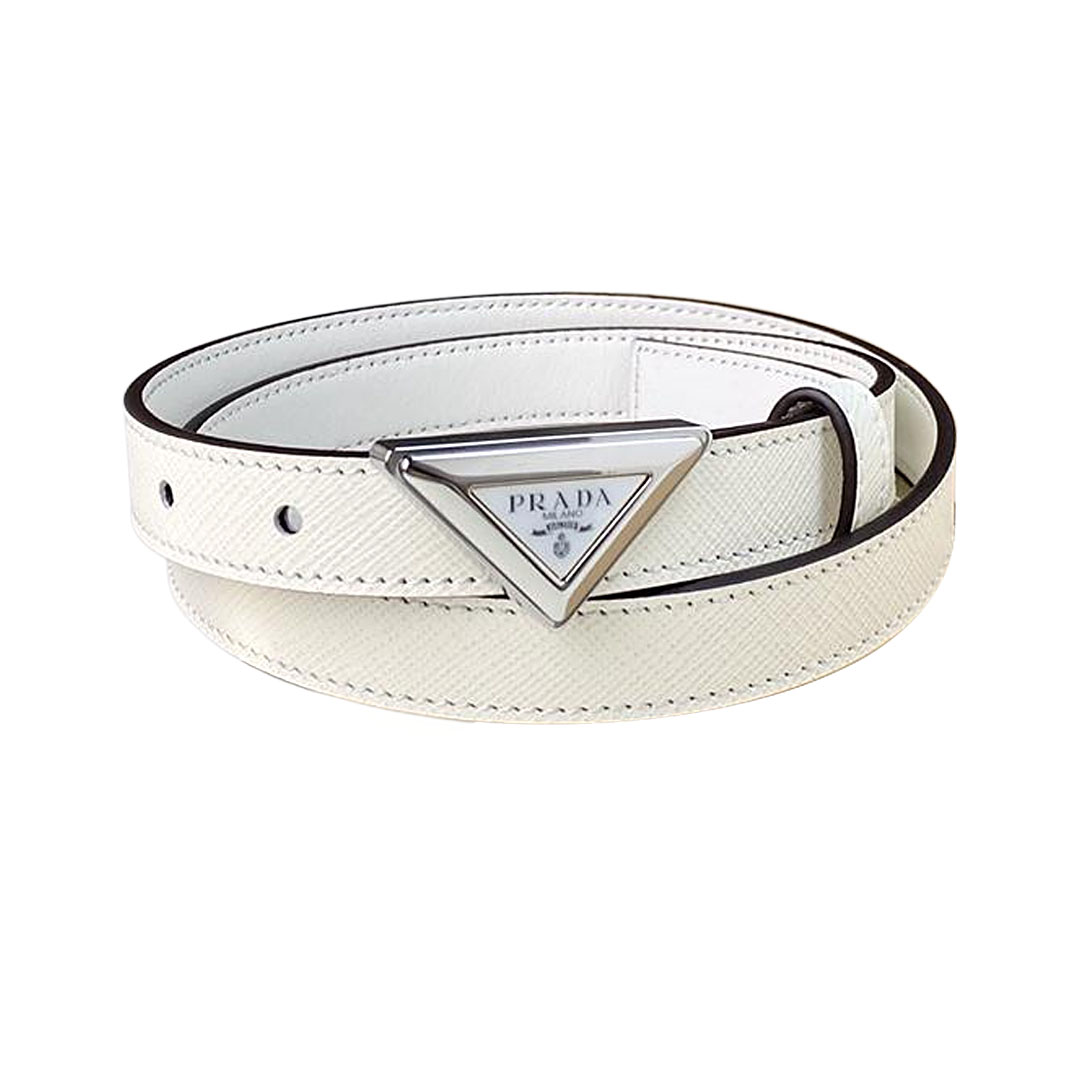 Prada Women' s Triangled Buckle Belt In Brown/Pink/White Calfskin With Gold/Silver Hardware 20mm - 图片 5