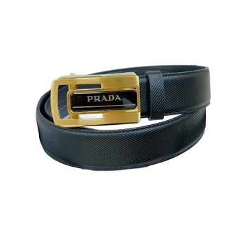 Prada Men' s Square Buckle Belt In Black Calfskin With Gold/Silver Hardware 35mm