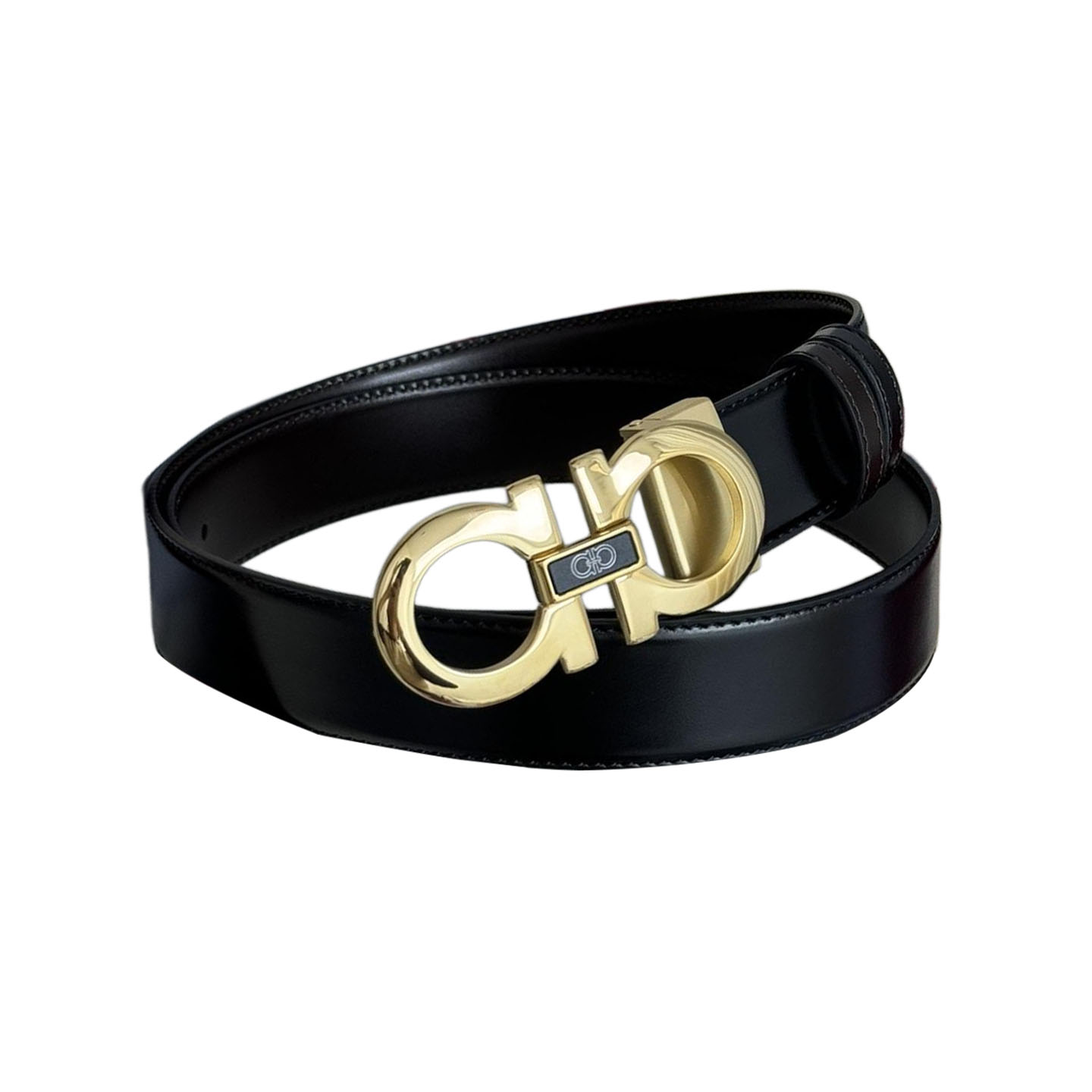 Ferragamo Men's Double Gancini Buckle Belt In Black Calfskin With Gold/Gun Black Hardware 35mm - 图片 3