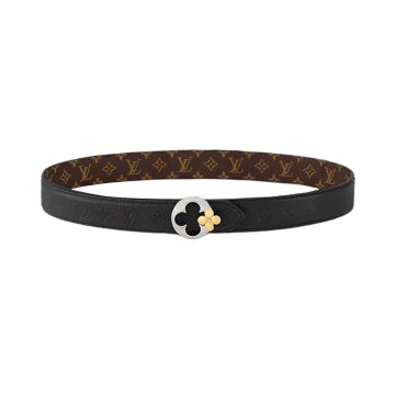 Louis Vuitton Women's Flowergram Round Buckle Reversible Belt In Black/White/Brown Calfskin And Monogram Canvas With Gold/Silver Hardware 30mm