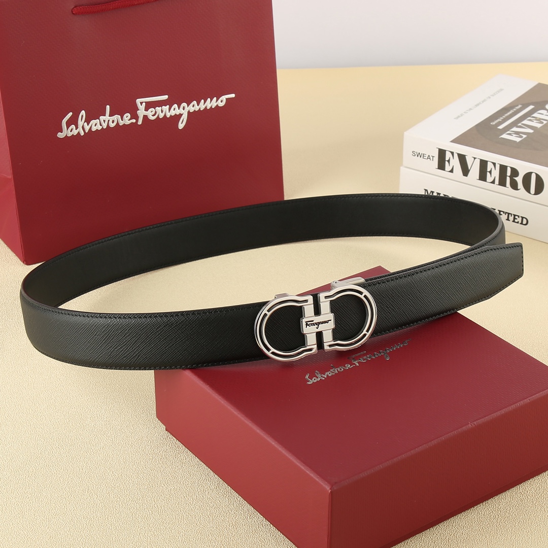 Ferragamo Men's Hollow Double Gancini Buckle Belt In Black Calfskin With Gold/Silver Hardware 35mm - 图片 2