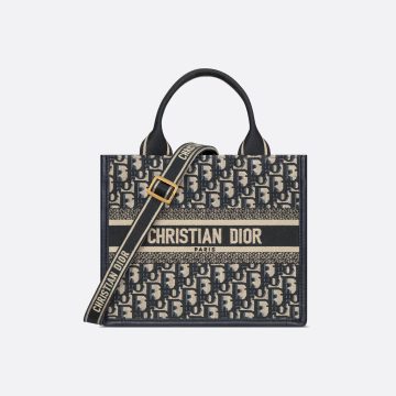 Dior Small Dior Book Tote In Blue Dior Oblique Embroidery Canvas and Calfskin Gold Hardware