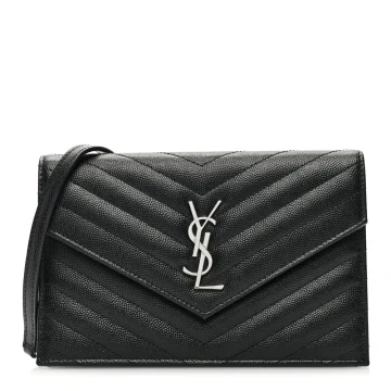 Saint Laurent Small Envelope Chain Wallet Black Chevron Monogram Grain De Poudre Matelasse Leather Silver Hardware