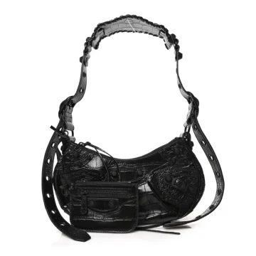 Balenciaga XS Monochrome Le Cagole Shoulder Bag Black Crocodile Embossed Extra Supple Calfskin Leather Black Hardware