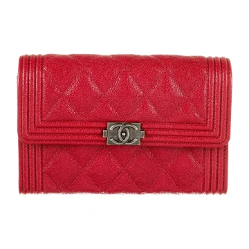 Chanel Small Interlocking CC Logo Compact Wallet Red Caviar Leather Silver Hardware