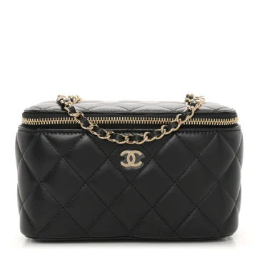 Chanel Vanity Case With Chain Small Black Quilted Lambskin Leather Light Gold Hardware