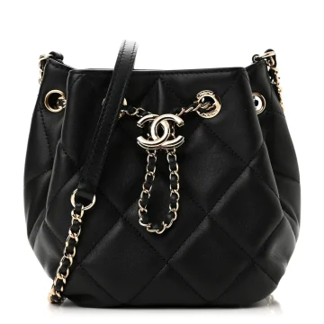 Chanel CC Dweller Drawstring Bucket Small Black Quilted Lambskin Leather Light Gold Hardware