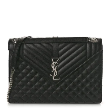 Saint Laurent Large Satchel Black Triquilt Monogram Grain De Poudre Textured Mixed Matelasse Leather Silver Hardware