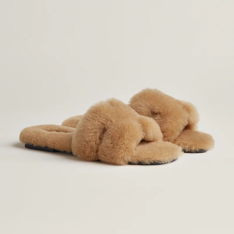 HERMES Oran plush Brown Slippers - 图片 2