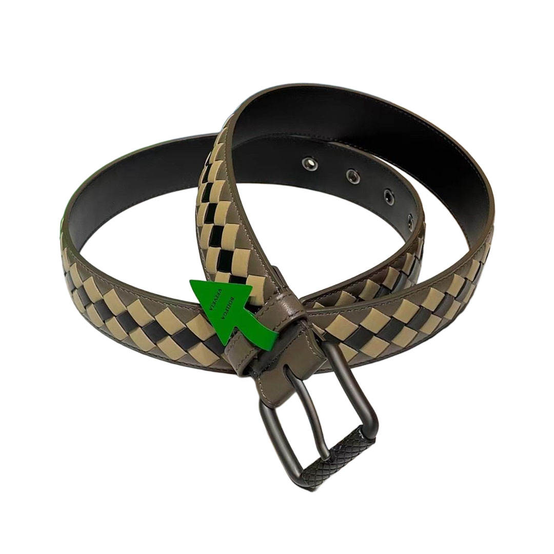 Bottega Veneta Men's Square Buckle Intrecciato Belt In Multicolor Calfskin With Silver/Matte Gun Black Hardware 35mm - 图片 6