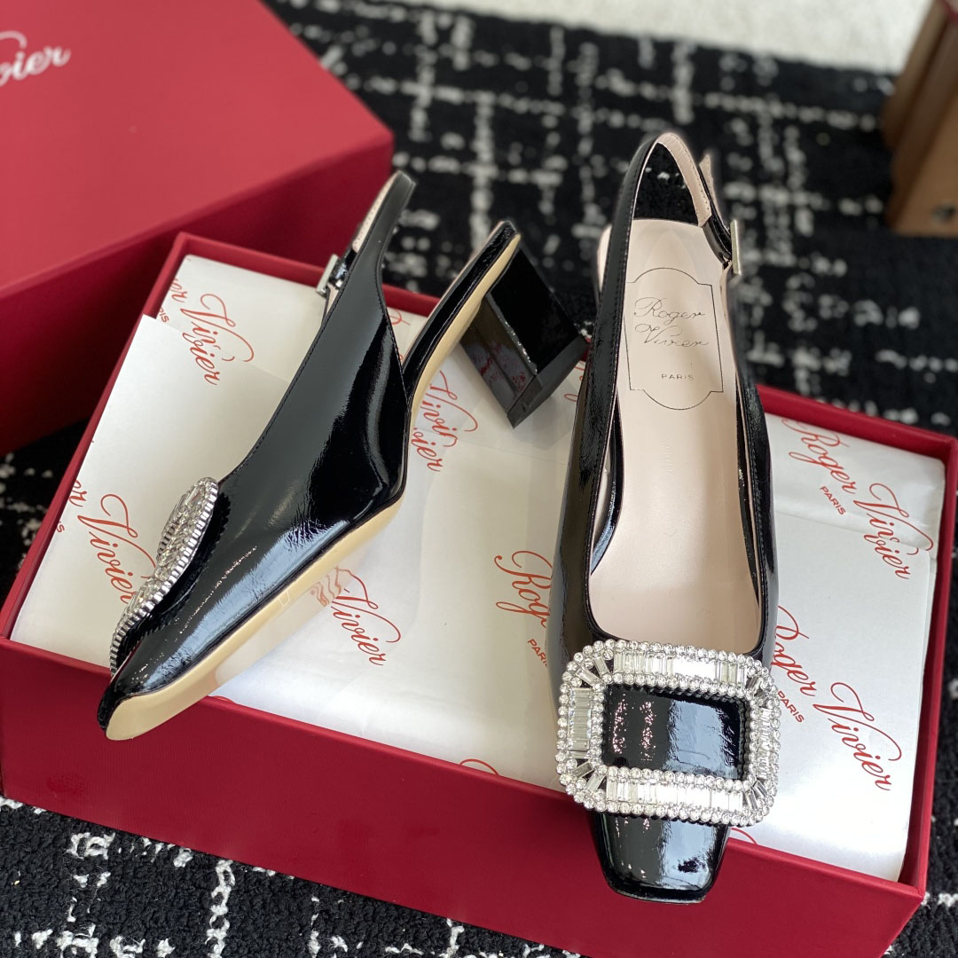 Roger Vivier Belle Viver Slingback Pumps High Heels In Black Patent Leather With Crystal Buckle (Heel Height 4.5cm) - 图片 5