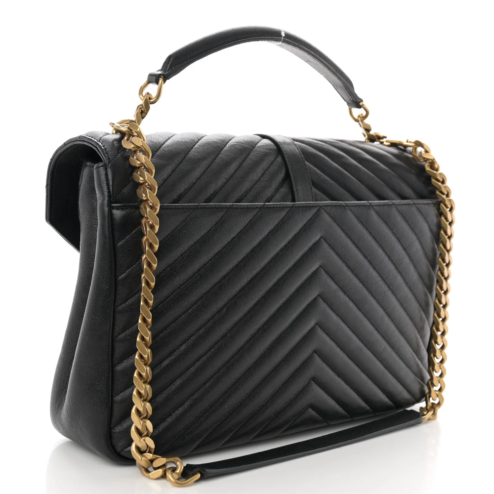 Saint Laurent Large College Satchel Black Chevron Monogram Sheepskin Matelasse Leather Aged Gold Hardware - 图片 3