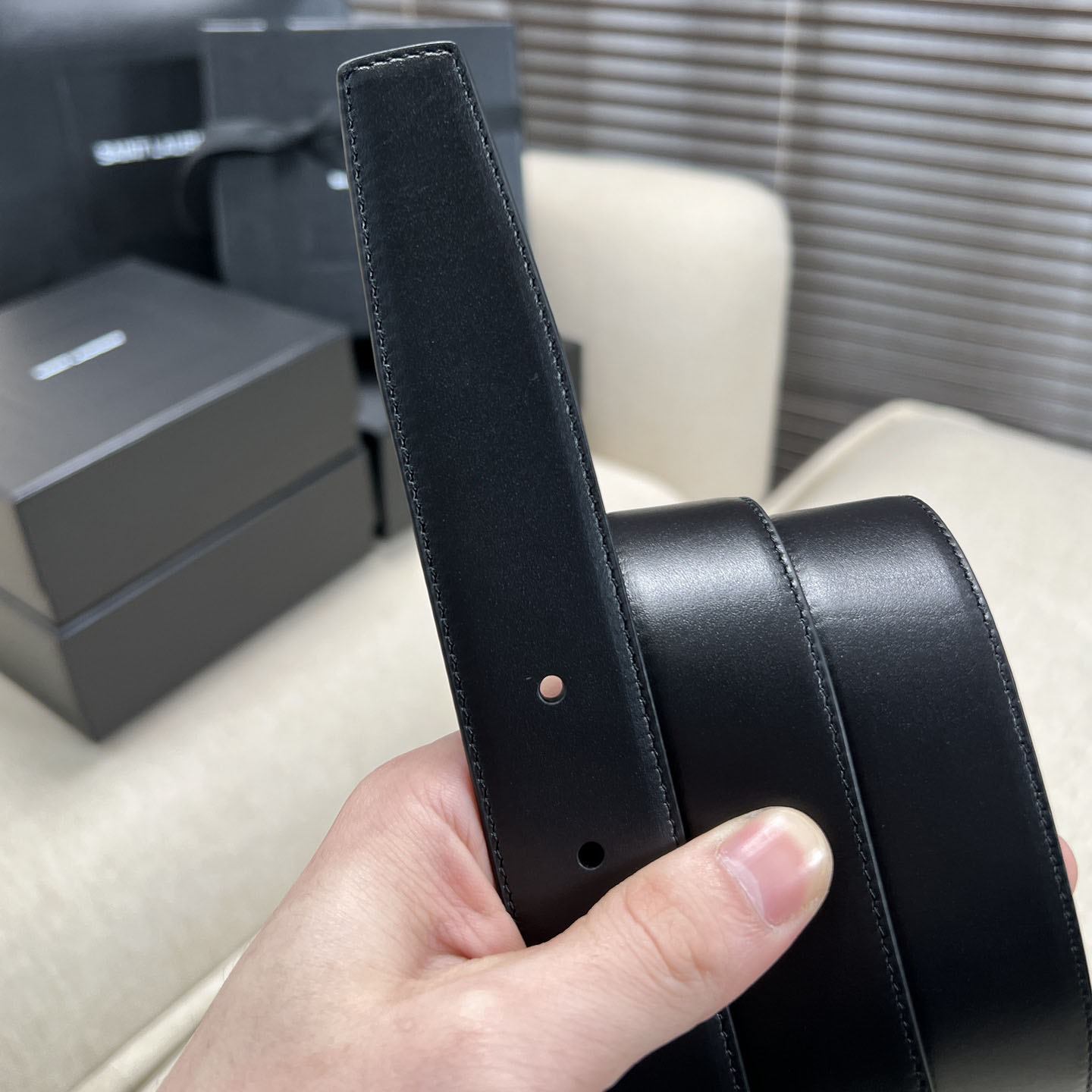Saint Laurent Square Buckle Belt In Black/Burgundy Calfskin With Gold Hardware 30mm - 图片 5