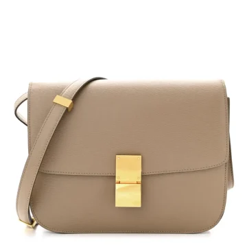 Celine Medium Classic Box Flap Bag Taupe Liege Calfskin Leather Gold Hardware