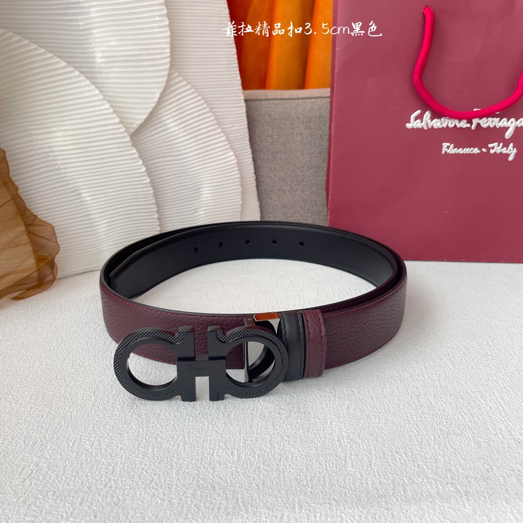 Ferragamo Men's Double Gancini Buckle Reversible Belt In Blue/Black/Burgundy Grained Calfskin With Gold/Silver/Black Hardware 35mm - 图片 4