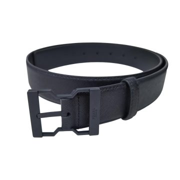 Prada Men' s Irregular Buckle Belt In Black Saffiano Calfskin With Black/Silver Hardware 40mm