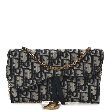 Dior Mini Saddle Chain Long Wallet Blue Oblique Canvas Gold Hardware
