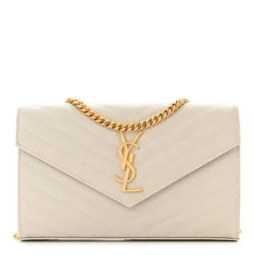 Saint Laurent Small Chain Wallet Crema Soft Chevron Monogram Grain De Poudre Matelasse Leather Gold Hardware