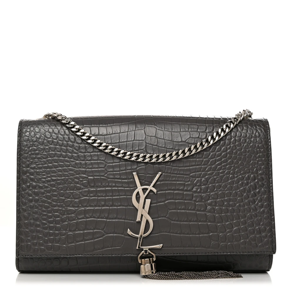 Saint Laurent Medium Kate Tassel Satchel Storm Embossed Classic Monogram Calfskin & Crocodile Leather Silver Hardware