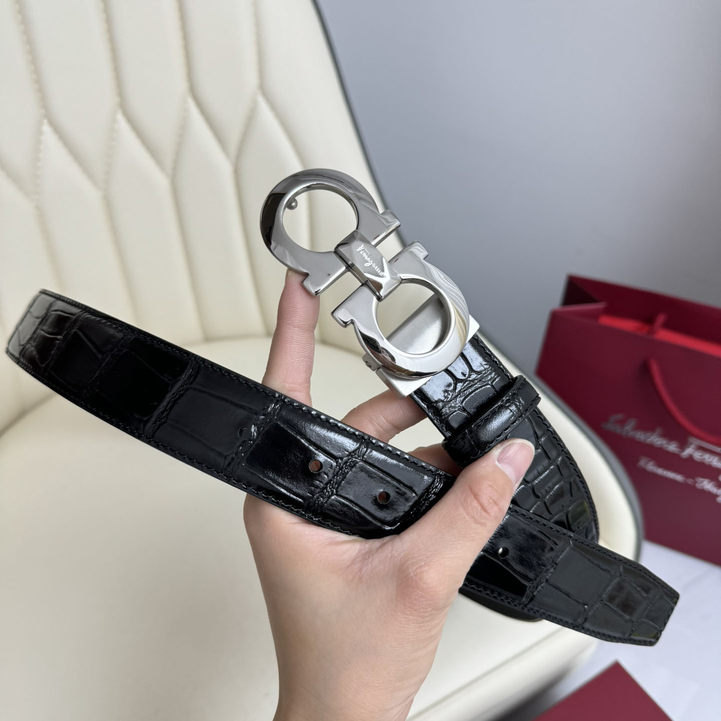 Ferragamo Men's Double Gancini Buckle Reversible Belt In Black Crocodile-Embossed Calfskin With Gold/Silver/Black Hardware 35mm - 图片 6