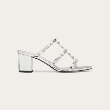 VALENTINO Silver mirror effect rivet sandals (heel height 6cm)