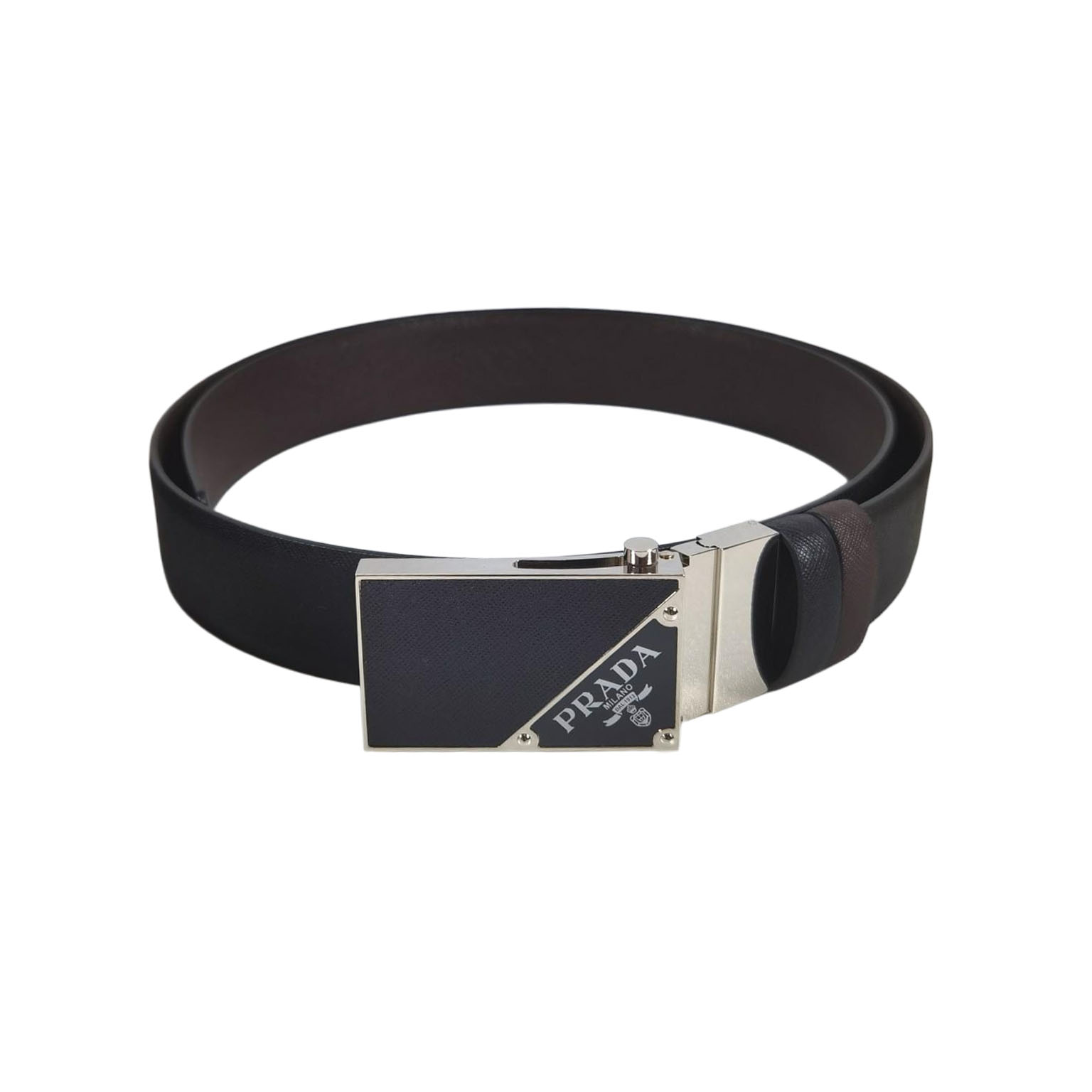 Prada Men' s Square Buckle Belt In Black/Brown/Blue/White Saffiano Calfskin With Silver Hardware 35mm - 图片 3