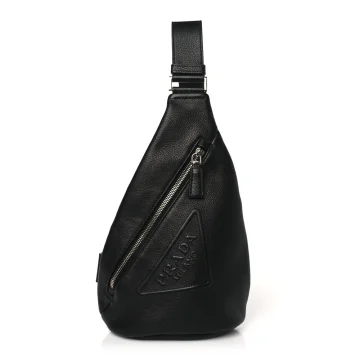 Prada Medium Logo Embossed Cross Sling Backpack Black Vitello Daino Leather Silver Hardware