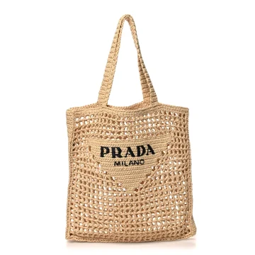Prada Medium Effect Crochet Logo Embroidered Tote Naturale Yarn Raffia