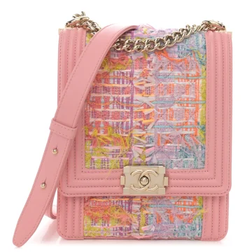Chanel North-South Boy Flap Medium Pink Tweed & Quilted Calfskin Leather Light Gold Hardware