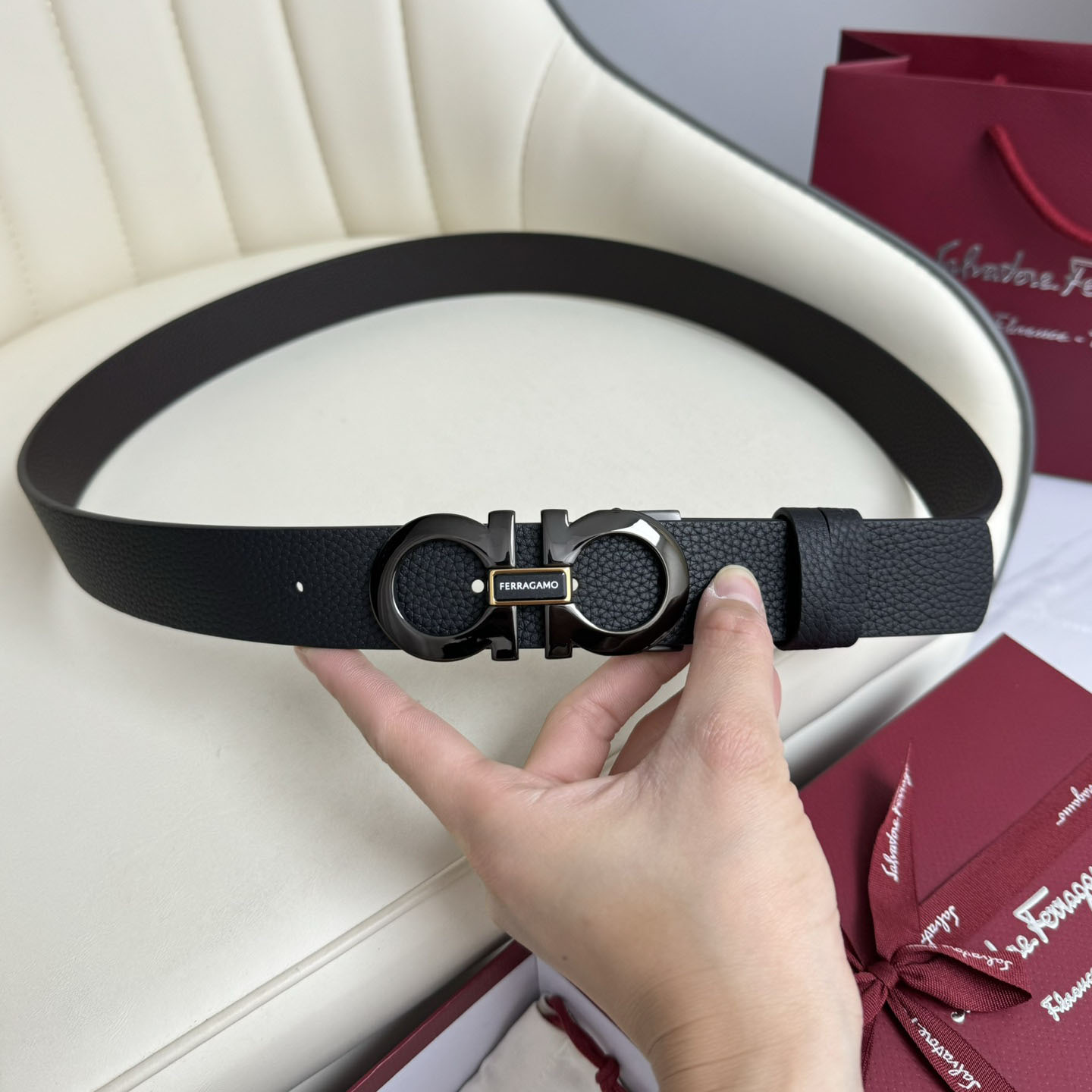 Ferragamo Men's Double Gancini Buckle Belt In Black Grained Calfskin With Gold/Silver/Black Hardware 35mm - 图片 9