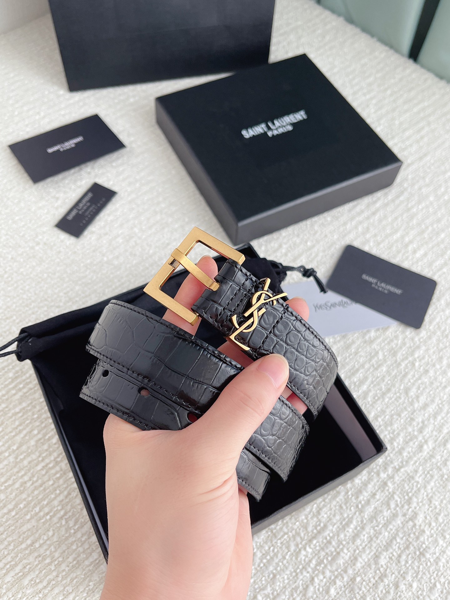 Saint Laurent Cassandre Belt In Black Crocodile-Embossed Calfskin With Gold/Silver/Black Hardware 30mm - 图片 3