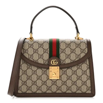 Gucci Small Web Ophidia Padlock Top Handle Bag Beige / Ebony / New Acero GG Supreme Monogram Canvas & Textured Dollar Calfskin Leather Aged Gold Hardware
