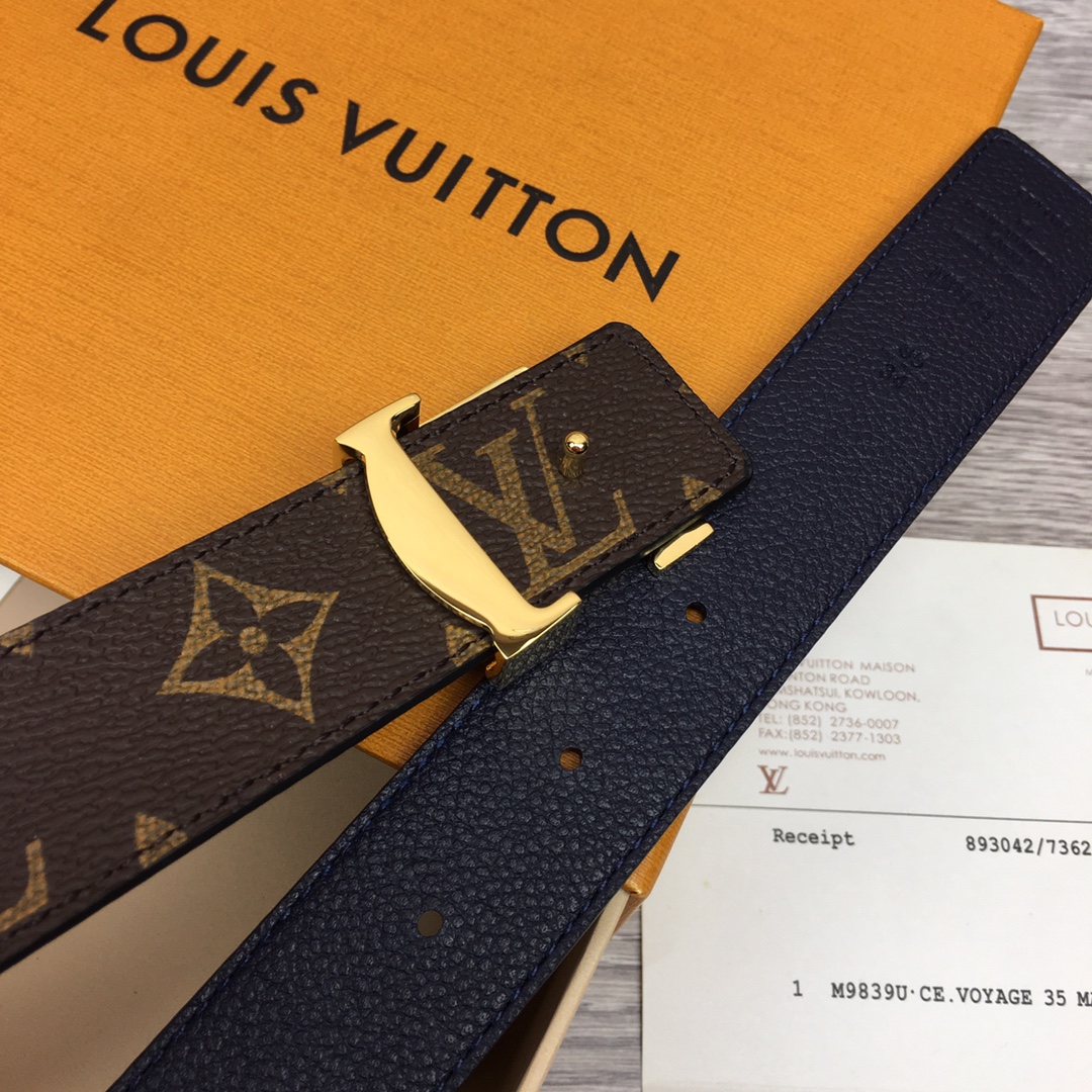 Louis Vuitton Women's Initiales Reversible Belt In Bkue/Black/Grey/Brown/Burgundy/Red/Pink Calfskin And Monogram Canvas With Gold Hardware 30mm - 图片 7