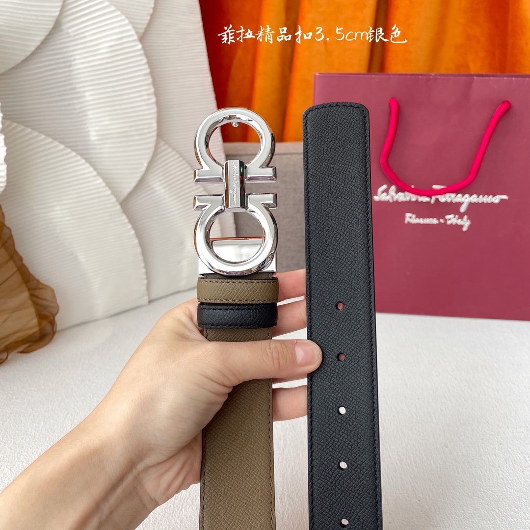 Ferragamo Men's Double Gancini Buckle Reversible Belt In Khaki/Black Calfskin With Gold/Silver/Gun Black Hardware 35mm - 图片 6