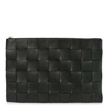 Bottega Veneta Maxi Intrecciato Large Cassette Flat Zip Pouch Black Nappa Leather