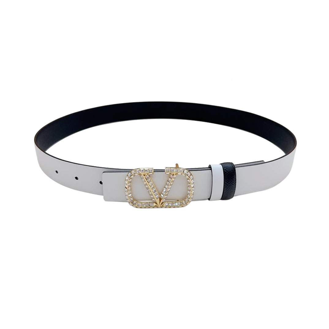 Valentino V Buckle With Crystal Belt In Black/Blue/Pink/Brown/White Calfskin With Gold Hardware 30mm - 图片 6