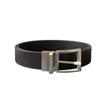 Bottega Veneta Men's  Square Buckle Belt In Coffee/Black Calfskin With Silver Hardware 35mm