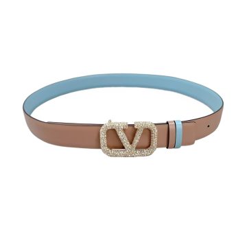 Valentino V Buckle With Crystal Belt In Nude/Blue Calfskin With Gold/Black Hardware 30mm