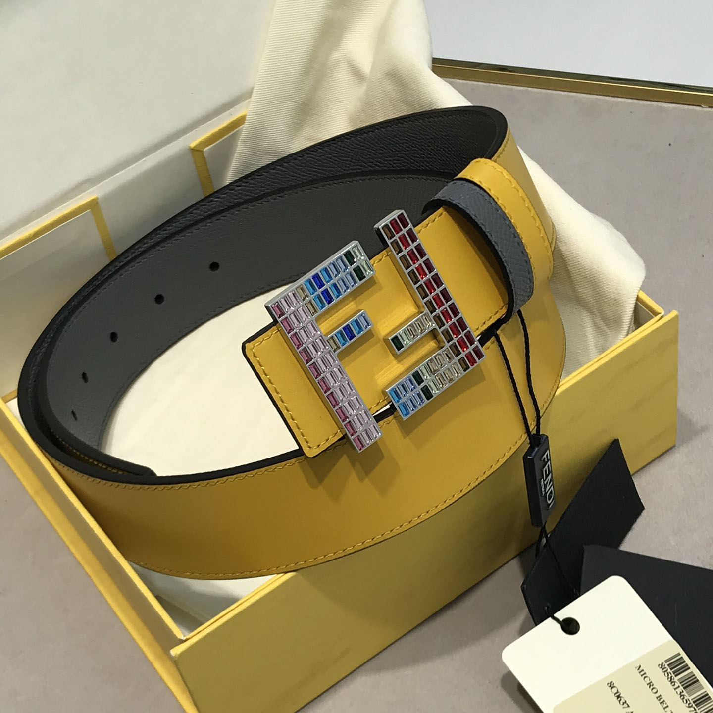 Fendi Men's FF Multicolor Buckle Belt In Blue/Yellow/Red/Black Epsom Calfskin With Silver/Black Hardware 38mm - 图片 7