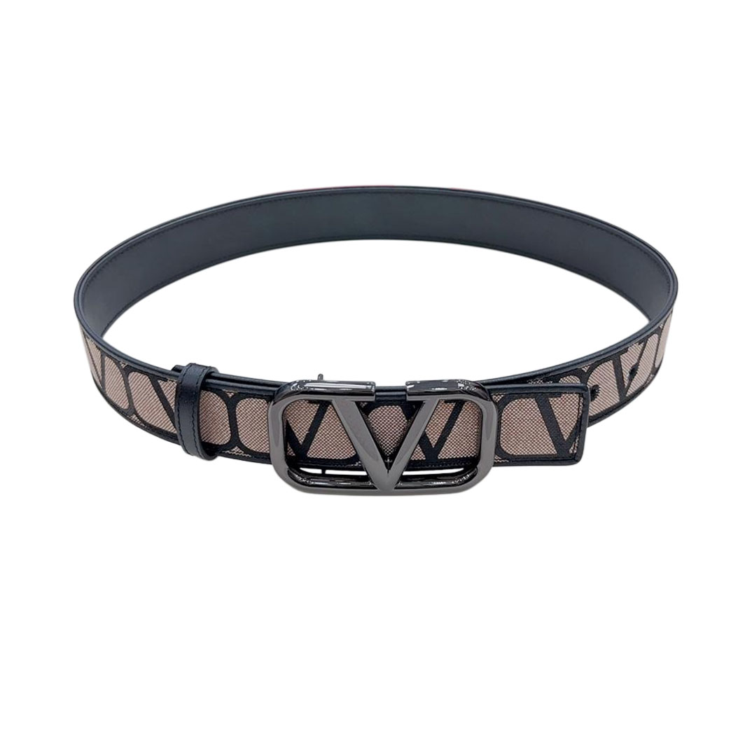 Valentino V Buckle Belt In Red/Black/Coffee Monogram Logo Calfskin With Gold/Gun Black Hardware 40mm - 图片 4