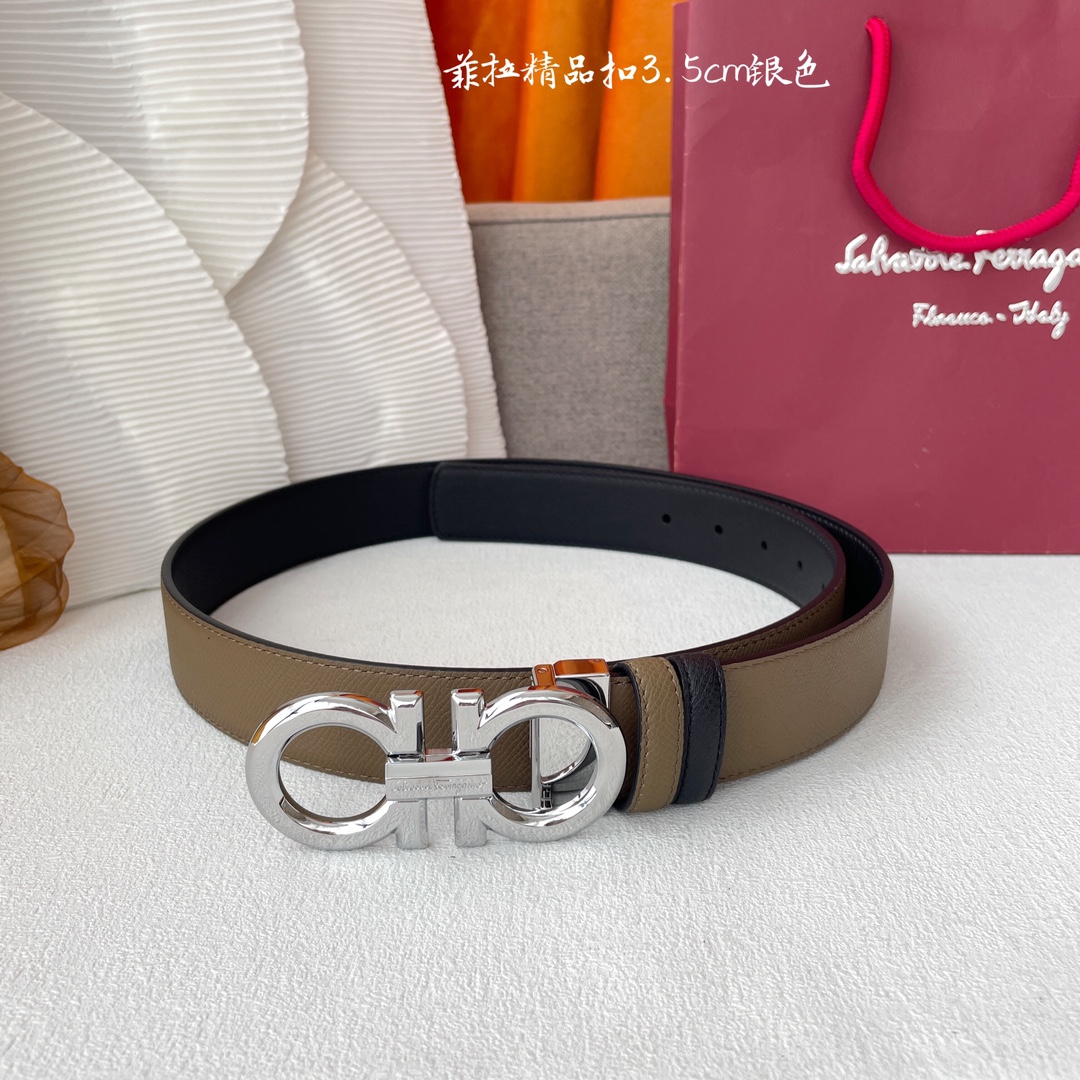 Ferragamo Men's Double Gancini Buckle Reversible Belt In Khaki/Black Calfskin With Gold/Silver/Gun Black Hardware 35mm - 图片 4