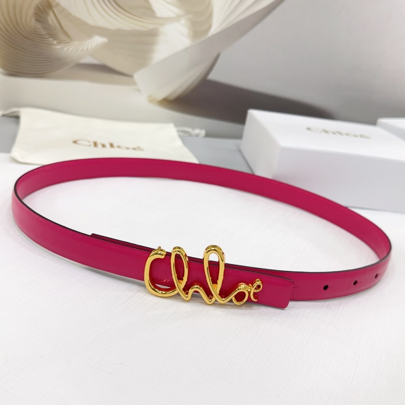 Chloe Logo Buckle Belt In Gold/Khaki/Brown/Red/Pink Calfskin With Gold Hardware 20mm - 图片 7