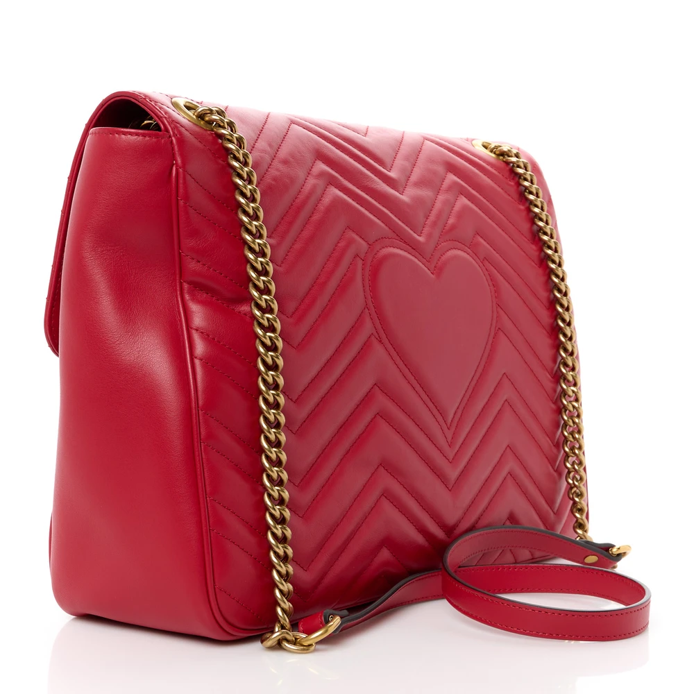 Gucci Large GG Marmont Shoulder Bag Hibiscus Red Calfskin Matelassé Leather Aged Gold Hardware - 图片 3